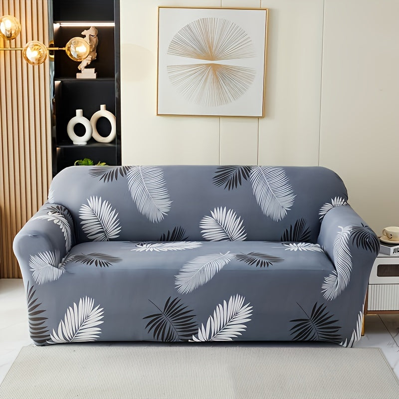 Modern printed sofa slipcover with elastic closure, made of 95% polyester and 5% spandex. Machine washable with active printing and stitched craftsmanship. Fits armchairs to sectional sofas, weighing 100-120gsm fabric.