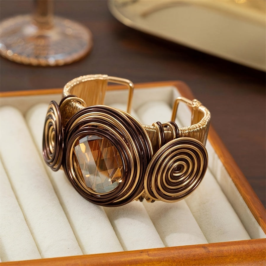 Handcrafted Boho Elegance: Adjustable Copper Cuff with Zirconia Stone, Wire-Wrapped, No Plating, Perfect for Parties and Vacations - Single Piece Pack