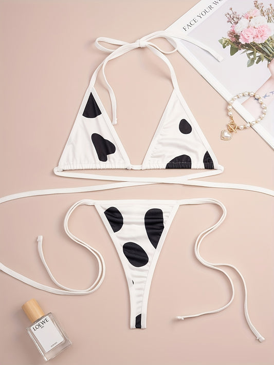 Cow print halter neck lingerie set