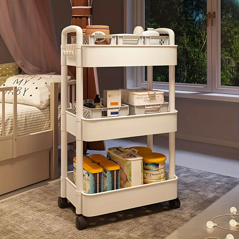 Multifunctional Plastic Storage Cart Organizer with Wheels - No Assembly Needed! Ideal for Kitchen, Bathroom, or Bedroom Use.