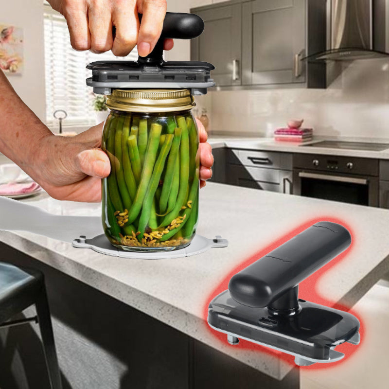 Adjustable manual jar opener for easy lid removal, suitable for various lid sizes. Effortless operation, no power needed. Perfect for home and parties.