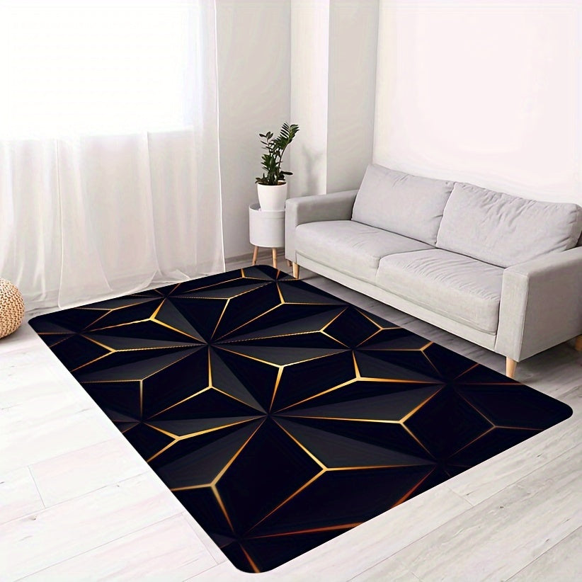 Stylish Black and Gold Geometric Area Rug - Contemporary, Easy-to-Clean Flannel Plush Carpet for Living Room, Bedroom, Entryway - Slip-Resistant, Absorbent Floor Rug