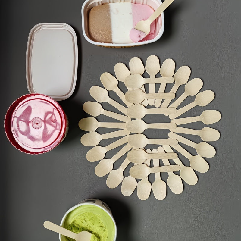 50 pieces of 8.51cm Elegant Disposable Wooden Tasting Spoons made from Birch, completely Biodegradable. Perfect for sampling yogurt, serving ice cream, desserts, or bath salts. Great for graduation season, picnics, parties, camping, festivals, birthdays