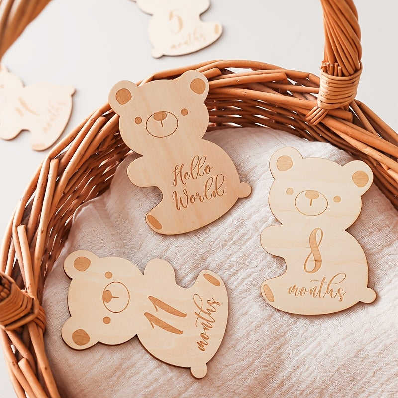 Cartoon Teddy Bear Wooden Milestone Keepsake, Growth Record and Birth Memory Card Set with Monthly Photo Props. Crafted from High-Quality Wood Materials for Baby's First Year. Perfect for Gifting during the Holiday Season.