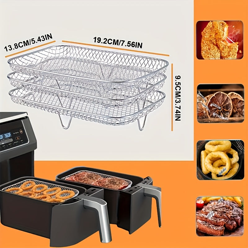 Get three stackable dehydrator racks for your air fryer, along with air fryer basket trays that are dishwasher safe. These air fryer accessories are compatible with ovens, pressure cookers, and most air fryers.