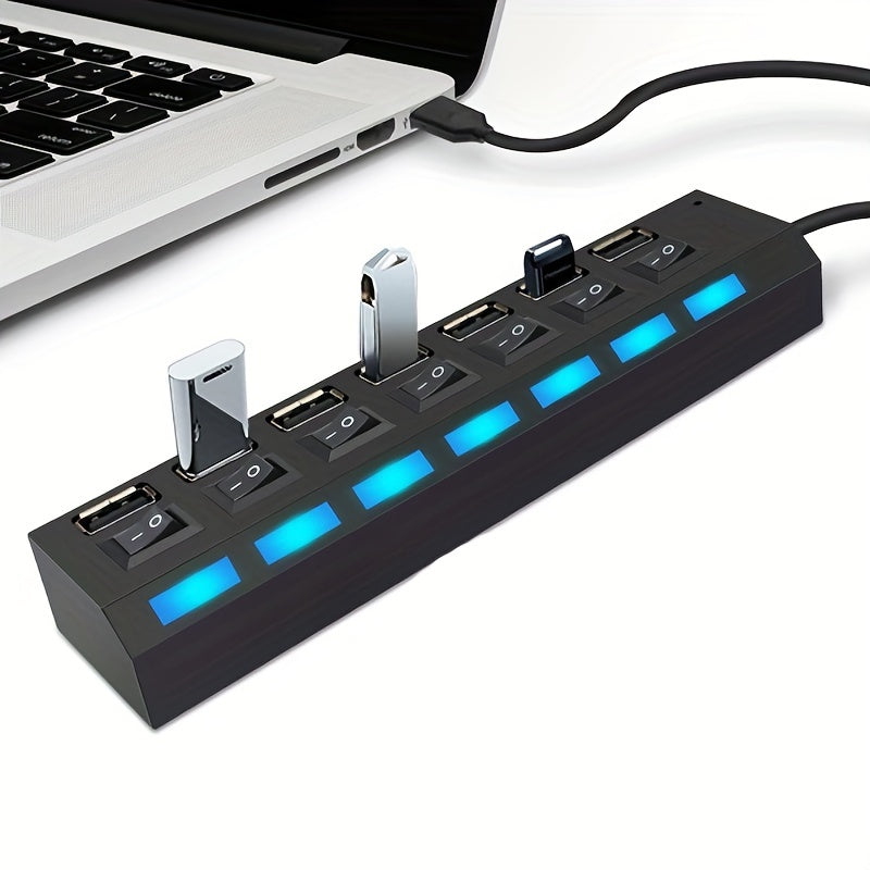 2pcs/1pc USB 2.0 Adapter Hub with 7 Ports/4 Ports and LED Light, Independent Power On/Off. For data transmission only, not for charging. Compatible with computer, tablet, and laptop.