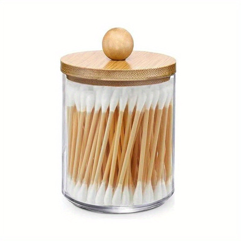 Qtip holder with bamboo lids for bathroom storage of swabs, balls, pads, and floss.