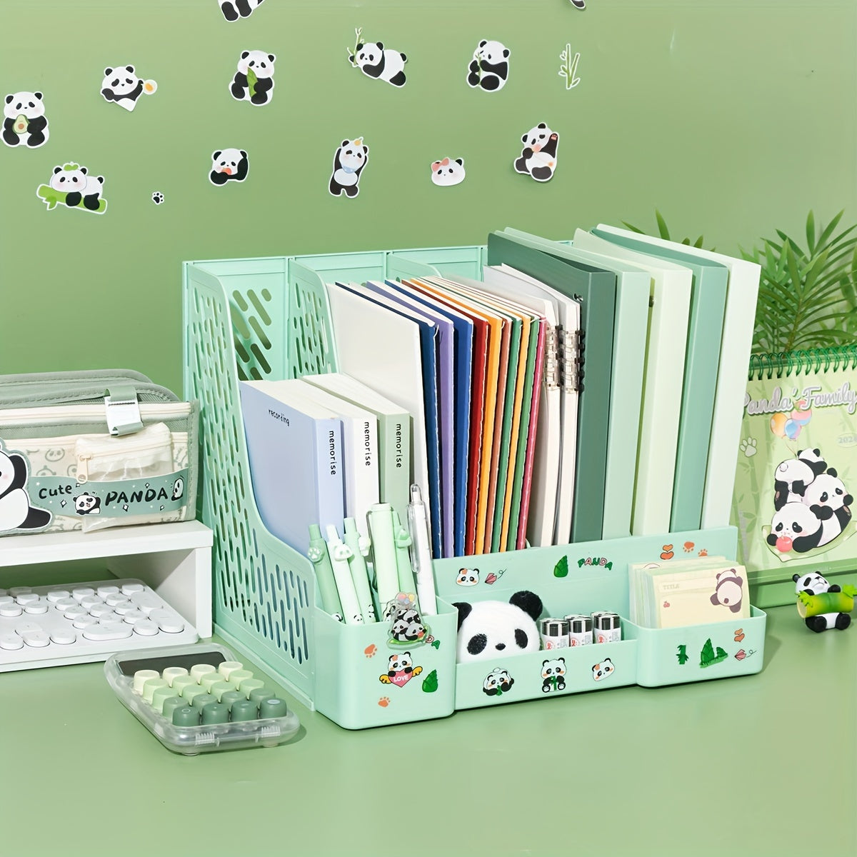 Desktop file organizer with panda theme, 4 slots and detachable tiered shelves for office storage. Made of PP material.