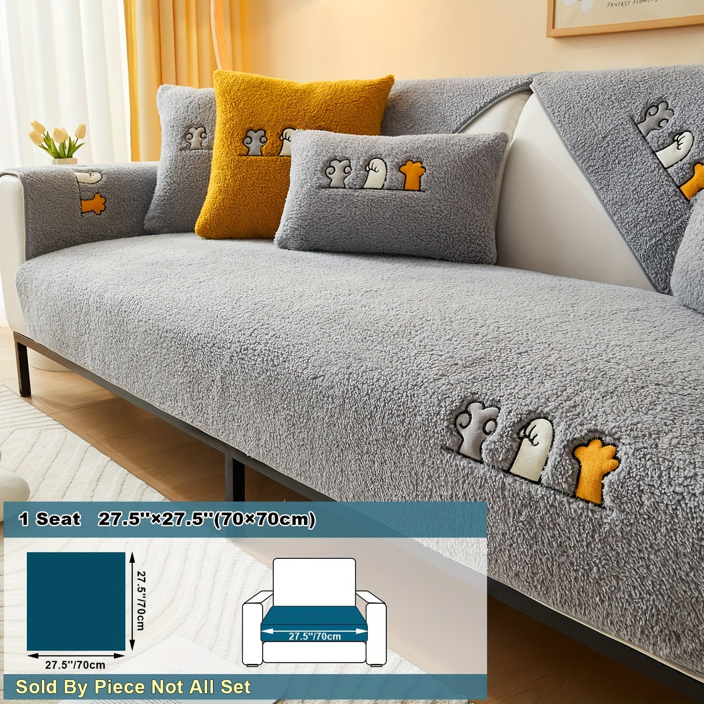 Plush Sherpa sofa slipcover protects furniture from pets, non-slip design for various rooms. Handrail backrest cover pillowcase sold separately.