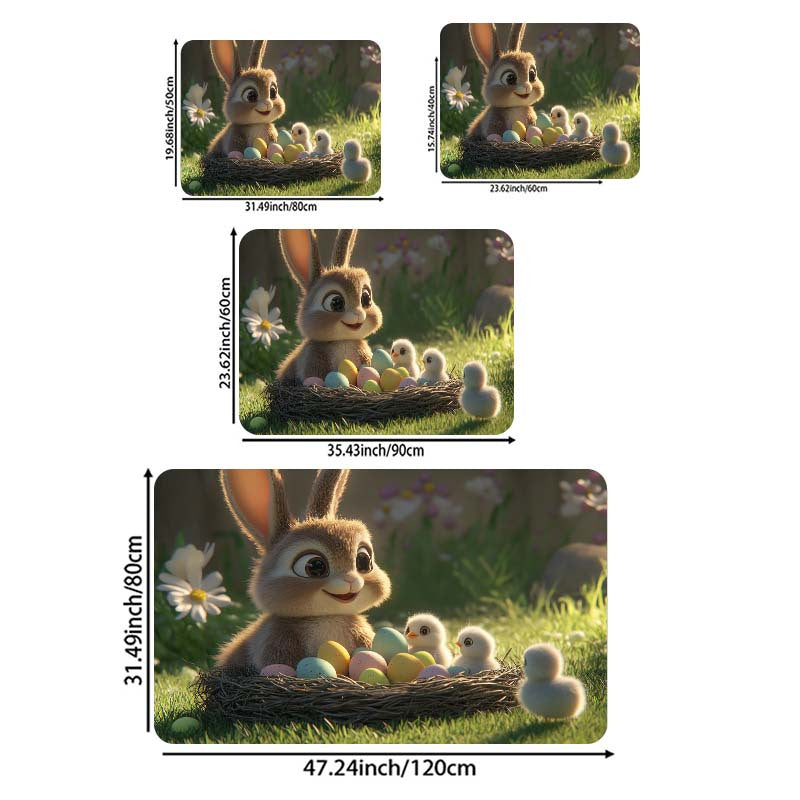 Easter-themed Rug featuring Adorable Rabbit and Chicks design, 8mm Thick Polyester Material for Anti-Slip Properties, Easily Washable Rectangle Mat suitable for Kitchen, Living Room and Bedroom Decor