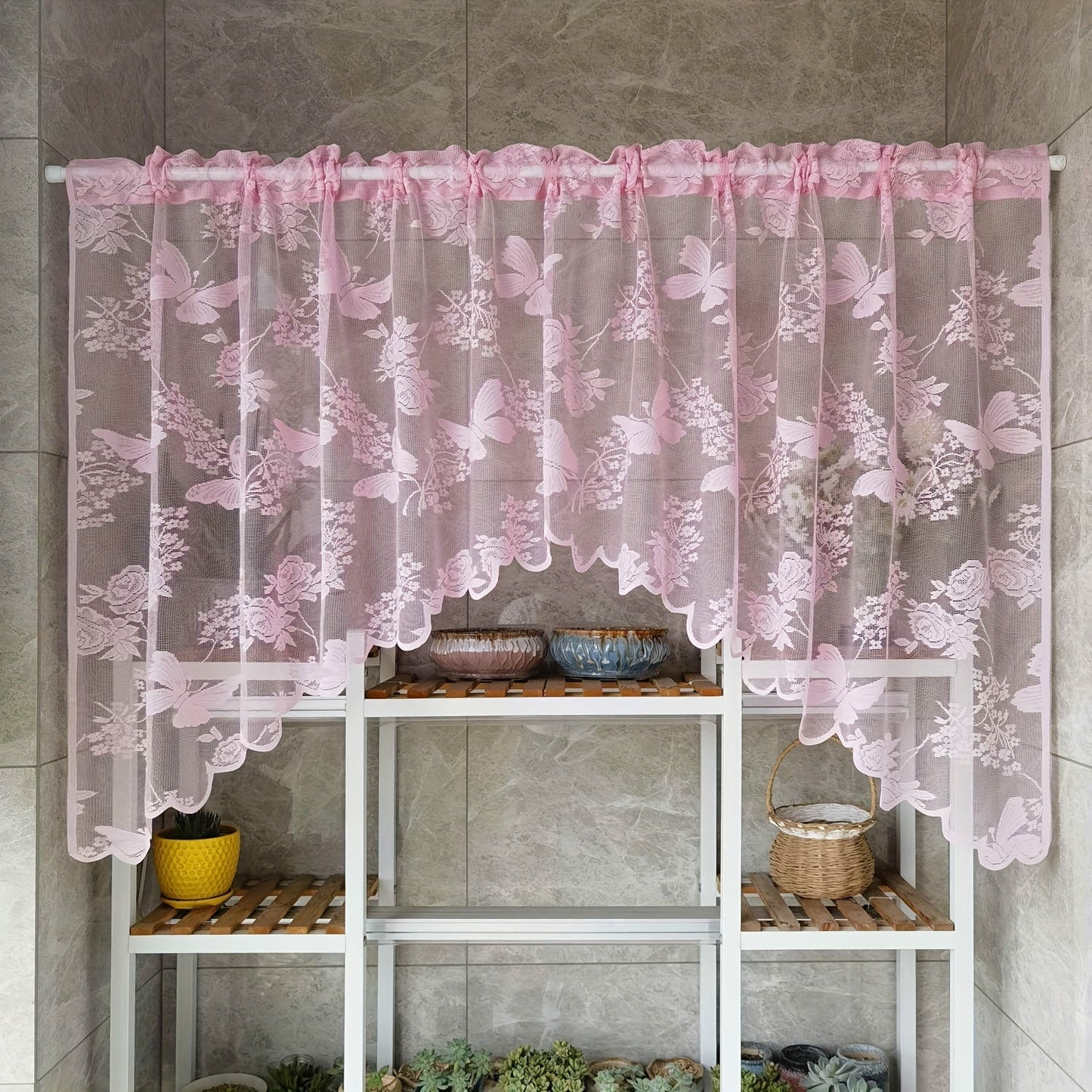 Elegant Art Deco Lace Butterfly Floral Sheer Curtain, made of lightweight 60gsm polyester. Features a rod pocket design for easy installation in the living room or entryway. These romantic jacquard blinds are perfect for all seasons and can be washed