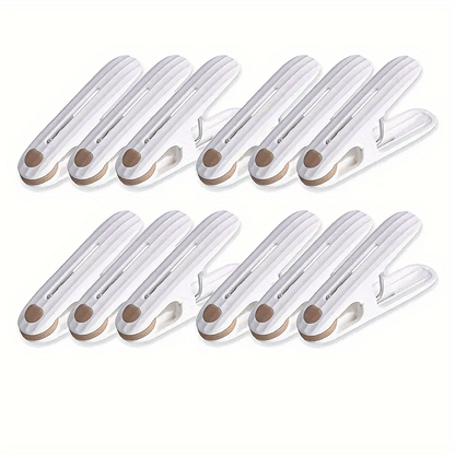 A set of 12 windproof clothespins for air drying clothes, socks, and underwear. Can also be used as fixed pins for clipping household items. These small clips are made of plastic and are also great for sealing food and snack bags, holding photos, and