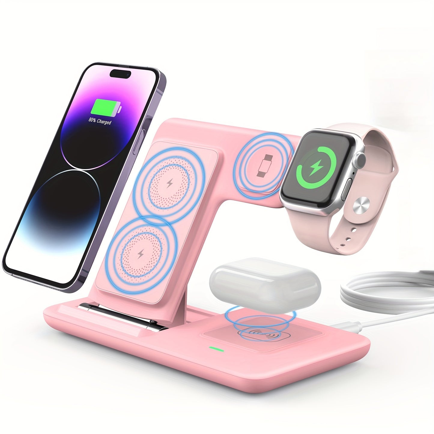 Folding 3-in-1 Wireless Charging Station for iPhone and Apple Watch, compatible with Airpods.