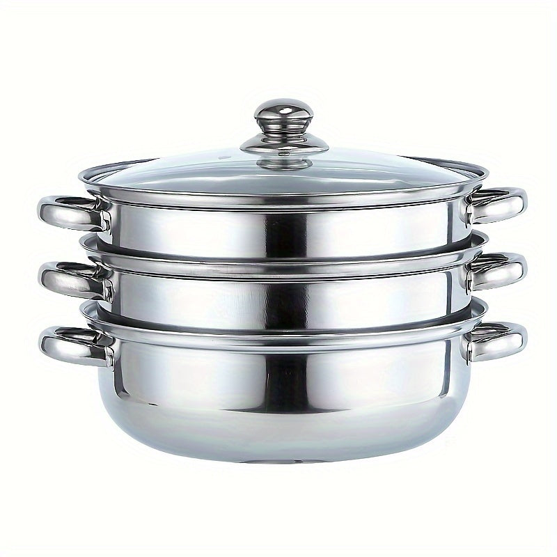 Durable Stackable Stainless Steel Cookware Set with Non-Stick Finish, Bakelite Handles, Visible Glass Lid, and Multiple Layers