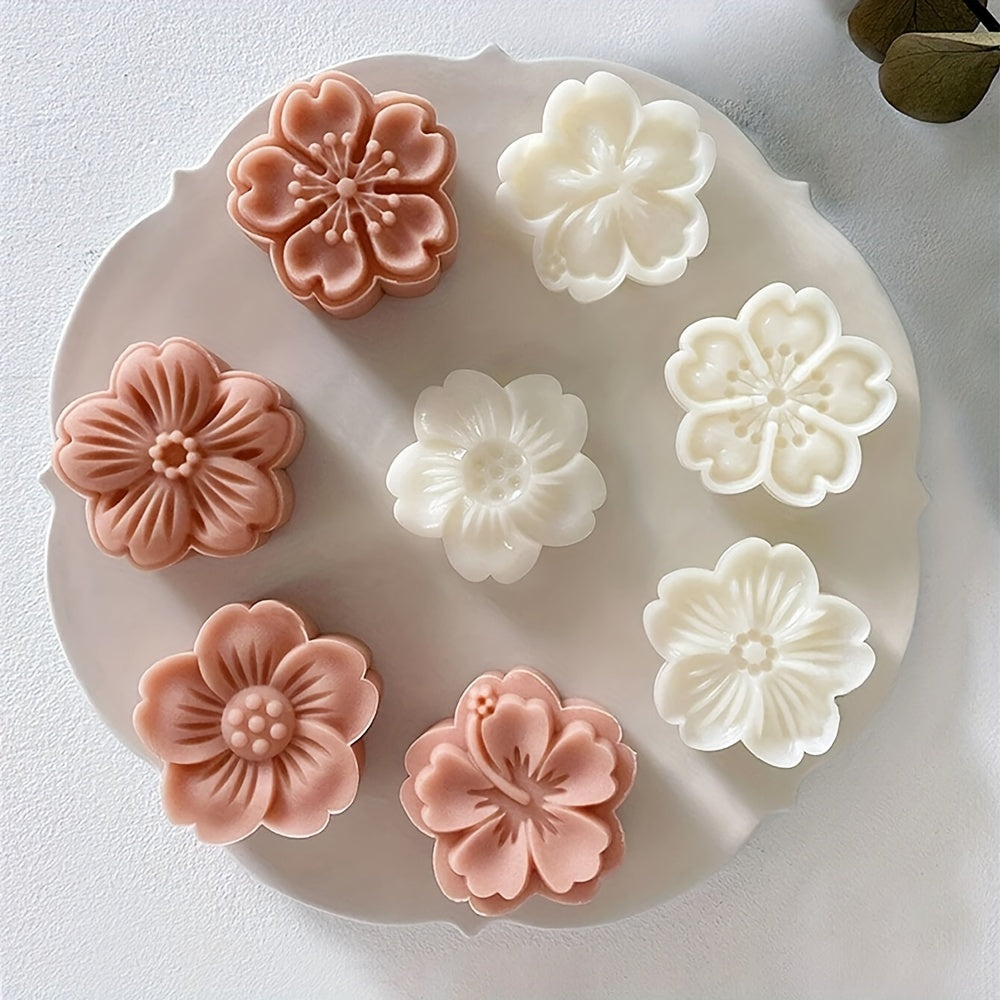 Flower Cookie Press Set with 5 Pieces - Create Beautiful Mooncakes and Pastries with Intricate White Flower Designs, Made of ABS Plastic, Perfect for Elegant Baking during Christmas and Halloween, Must-Have Kitchen Essentials.