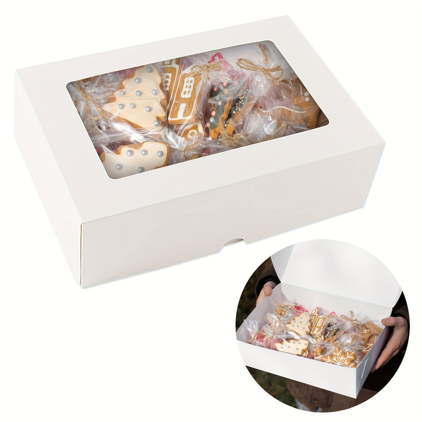 Pack of 6 Cupcake Containers in White Kraft Bakery Boxes with Clear Window and Holders, Ideal for Packaging Baked Goods such as Donuts, Cookies, Muffins, and Chocolate Bombs. Perfect for Weddings, Baby Showers, Birthdays, Graduations, and Favors. Size