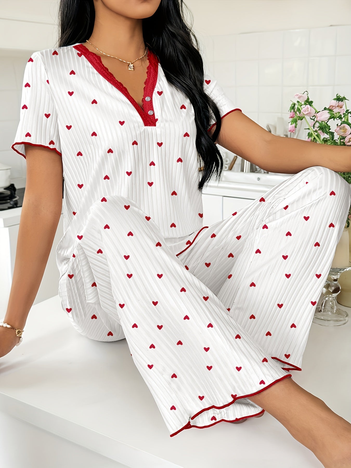 Elegant Heart Cherry Print Women's Pajama Set with V-Neck Lace Blouse and Long Pants. Machine washable polyester knit fabric for spring/summer/fall sleepwear.