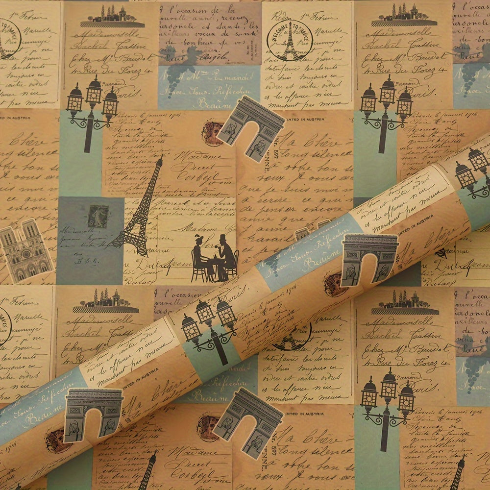 Kraft paper packaging with vintage English newspaper design, featuring creative Eiffel Tower and bicycle prints.