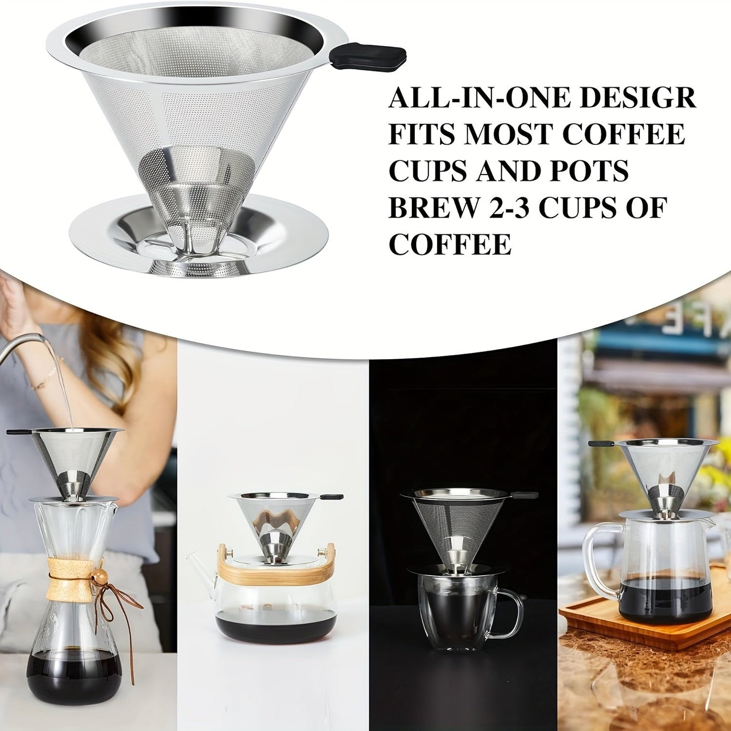 Single Cup Stainless Steel Pour Over Coffee Filter with Double Mesh Cone Design and Integrated Fine Mesh Strainer - Eliminates the Need for Paper Filters