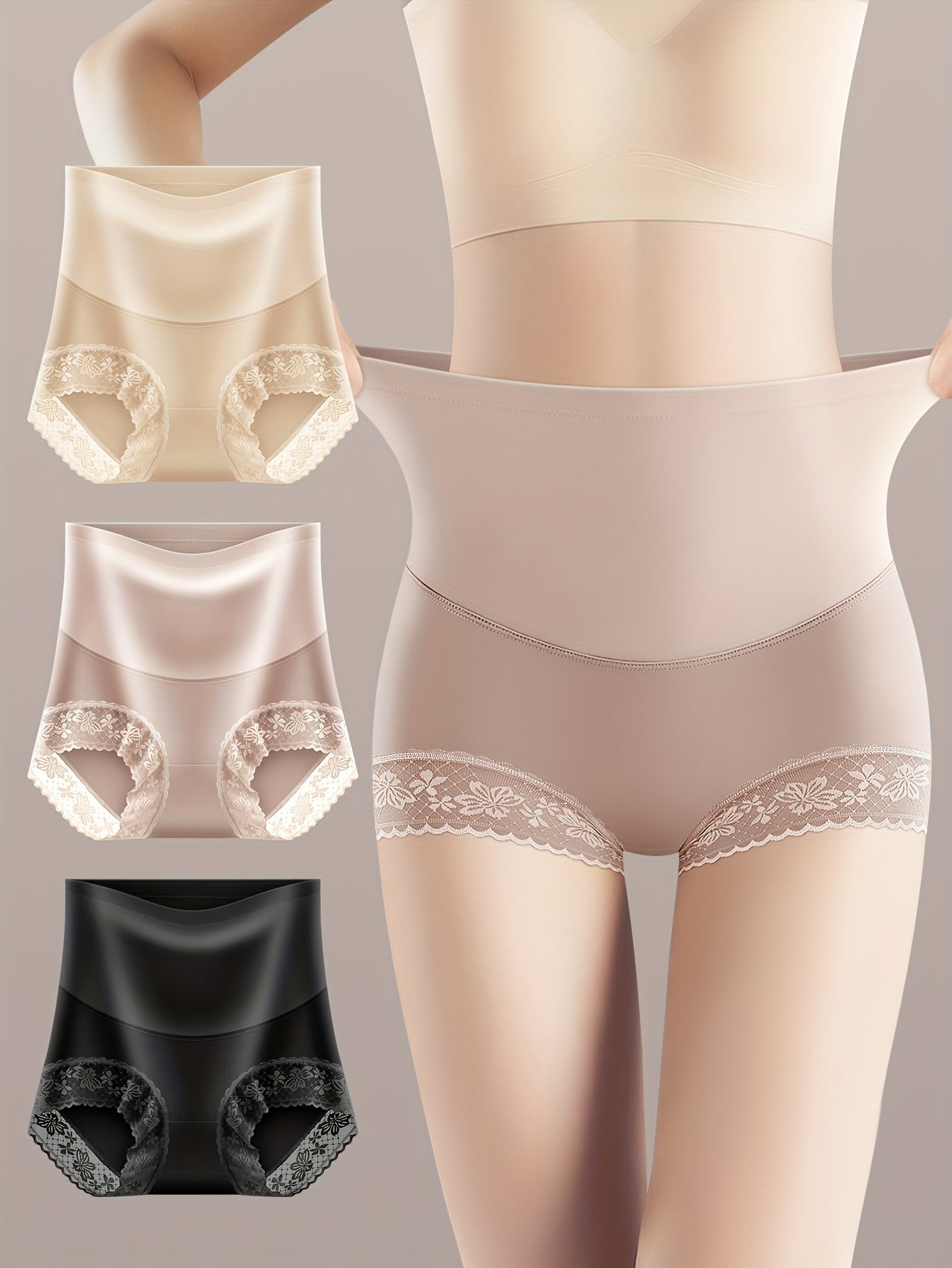 3-Pack of Elegant Lace High-Waisted Women's Briefs made of 83% Polyamide and 17% Spandex Knit Fabric. Skin-friendly with tummy control and 230g/m² fabric weight.