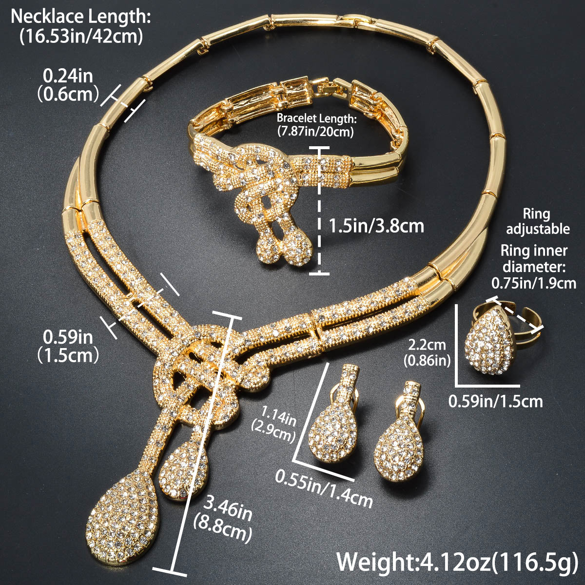 Vintage jewelry set featuring elegant geometric and musical note designs with tassel accents. Made with synthetic cubic zirconia and copper materials. Set includes a necklace, bracelet, earrings, and ring. Perfect for adding a touch of luxury sparkle to