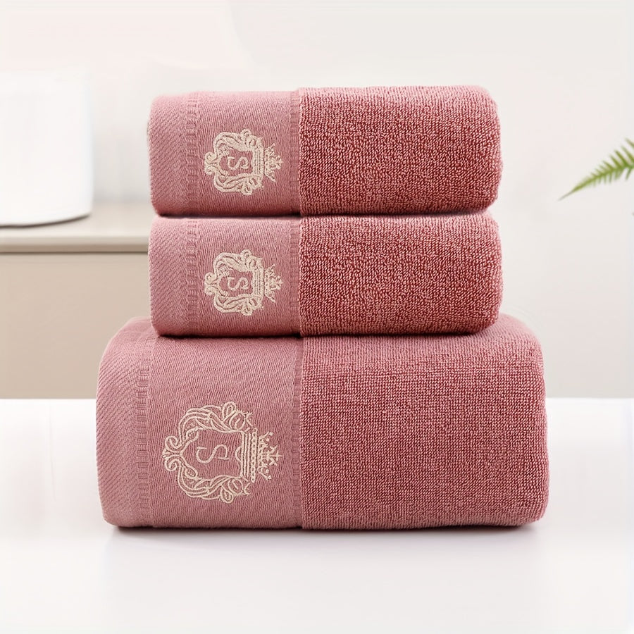 Modern, soft cotton towel set with embroidered character design and luxury crown motif. Highly absorbent, 450 GSM knit fabric. Perfect bathroom gift collection.