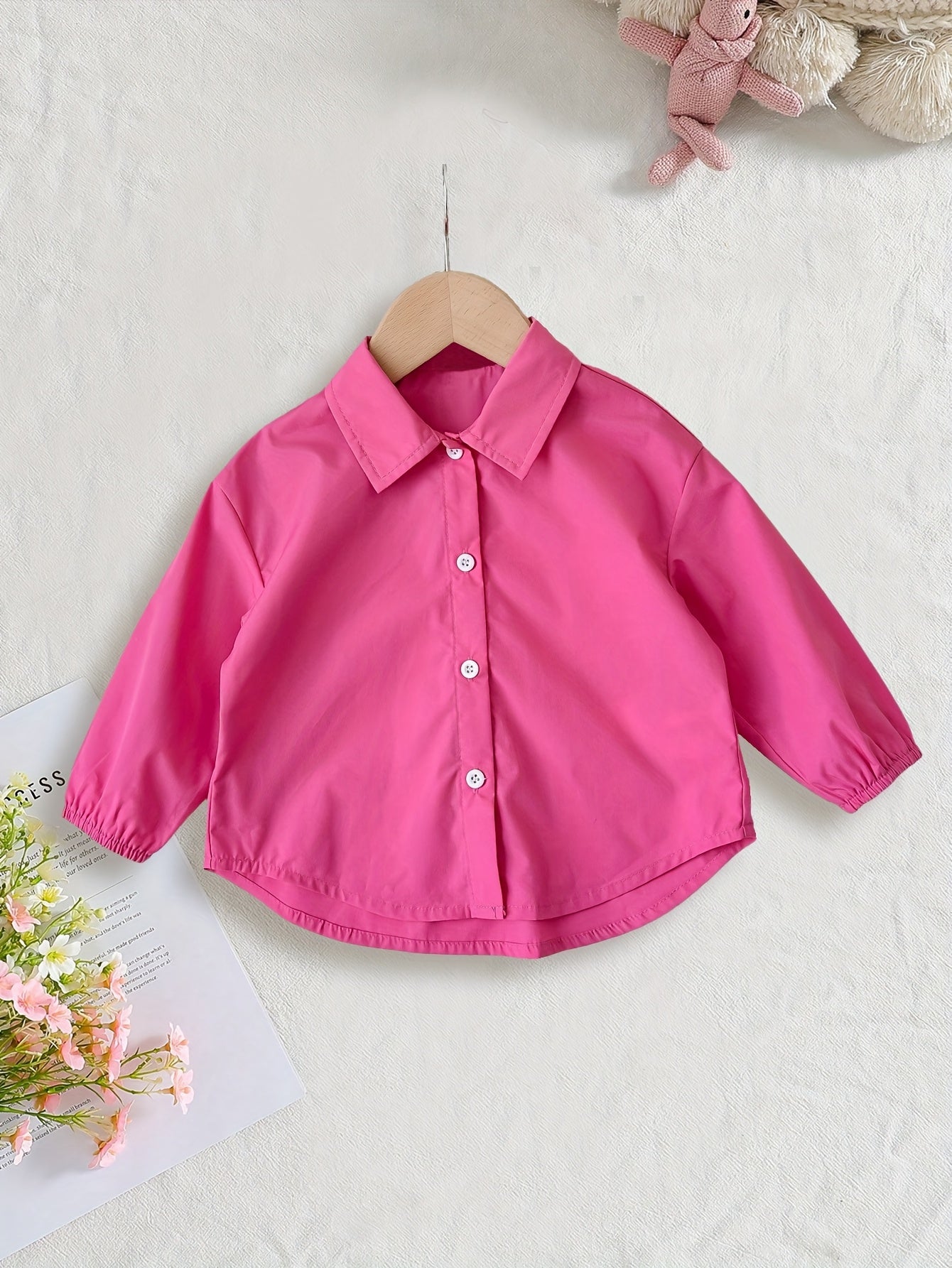 Pink button-up shirt jacket for girls made of casual polyester, ideal for spring/fall. Suitable for toddlers and kids.