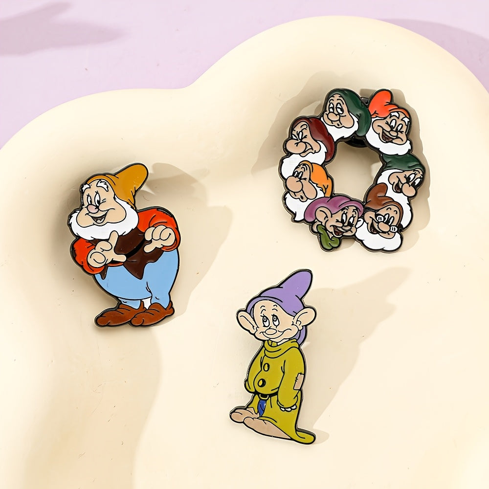 Three Disney Seven Dwarfs Enamel Pins featuring adorable cartoon characters, made from Zinc Alloy. These metal badges are perfect for adding a touch of whimsy to clothing and backpacks. They make an ideal Christmas gift or party accessory, suitable for