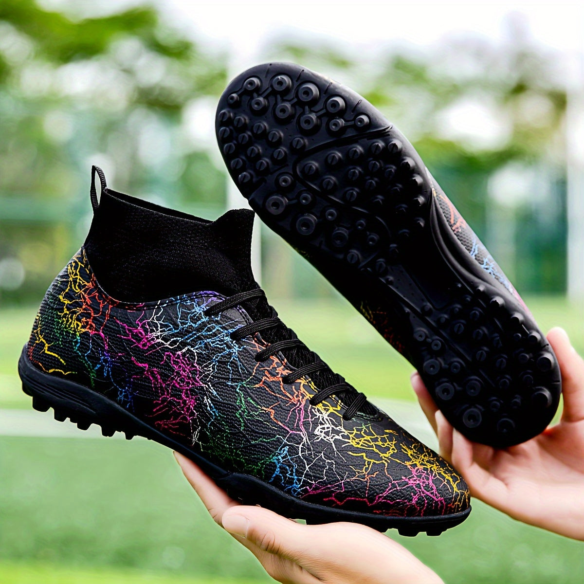 Trendy men's TF football shoes with collar, non-slip and durable for outdoor training and competition in all seasons.