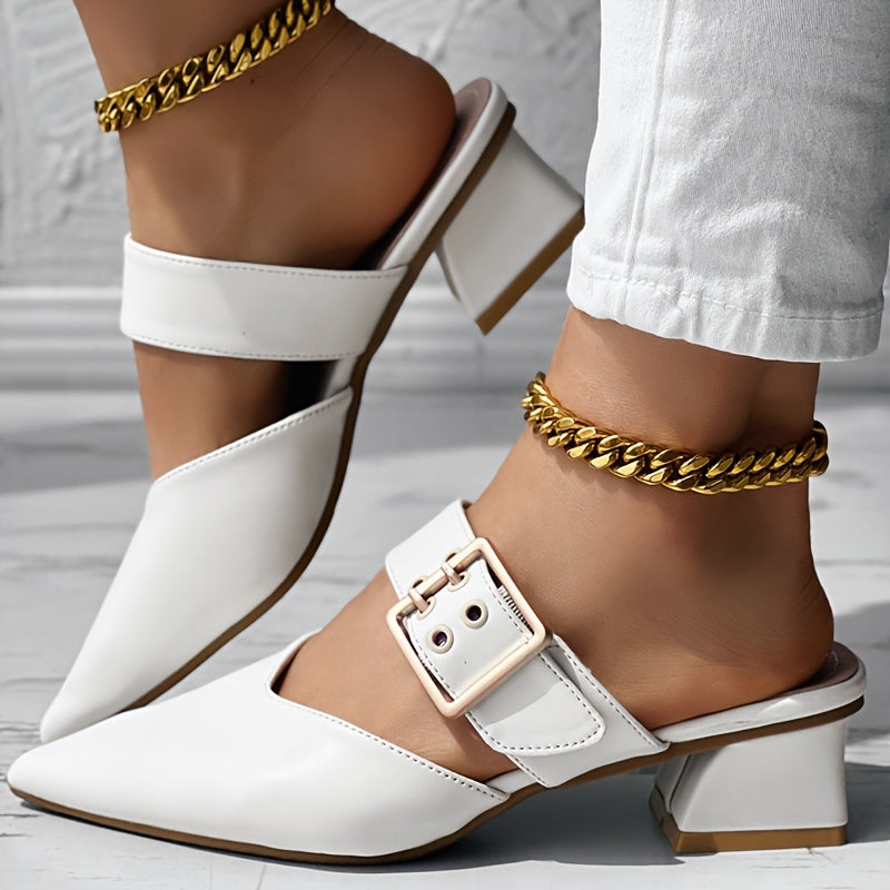 Women's elegant solid color Mary Jane shoes with buckle detail, slip-on design, and block heel.