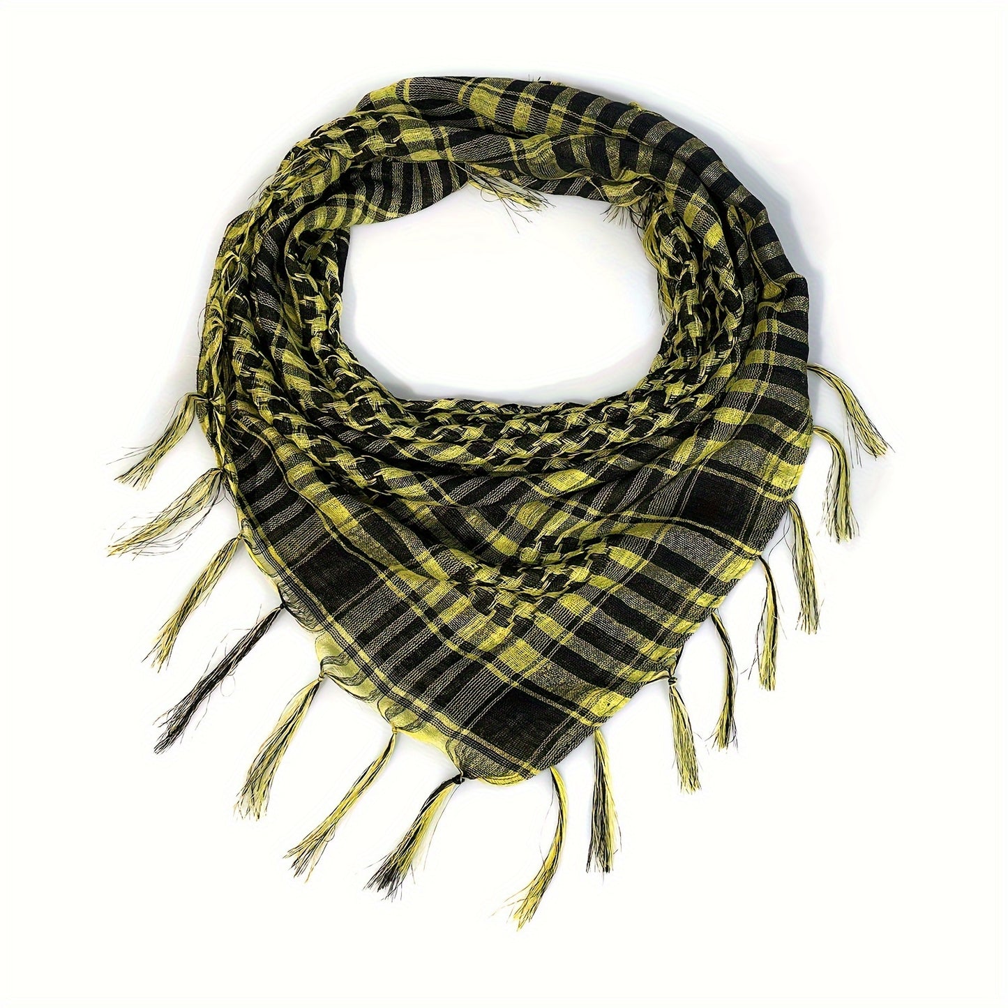 Lightweight Tactical Plaid Scarf - Windproof, Sand-Proof, All-Season Polyester Neck Warmer with Fringe Detail.