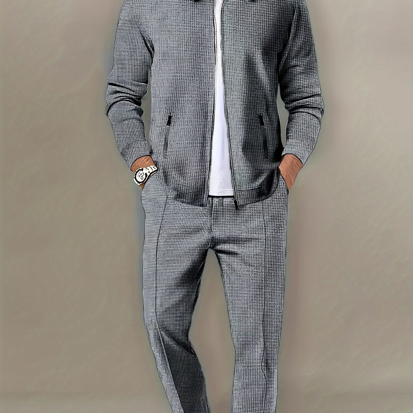 Men's 2-piece outdoor outfit: Solid long sleeve zip-up jacket with zipper pockets and pants.