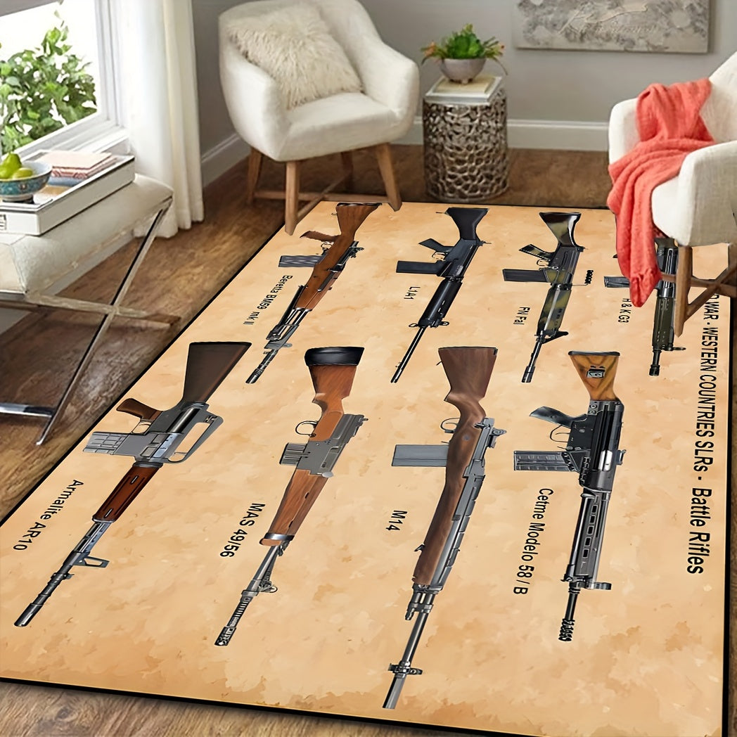 Military-themed polyester fiber carpet featuring various gun patterns, designed for use in the bathroom, living room, bedroom, or restaurant. Resistant to dirt, machine washable, and non-slip for added convenience.