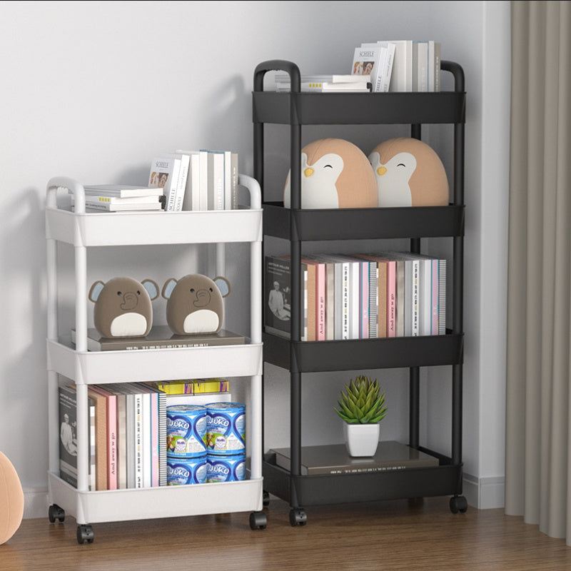 Three-tier rolling corner organizer cart that swivels 360 degrees for effortless mobility. Made of durable plastic, this cart requires no power and features wheels for easy movement in the kitchen, bathroom, living room, or office.