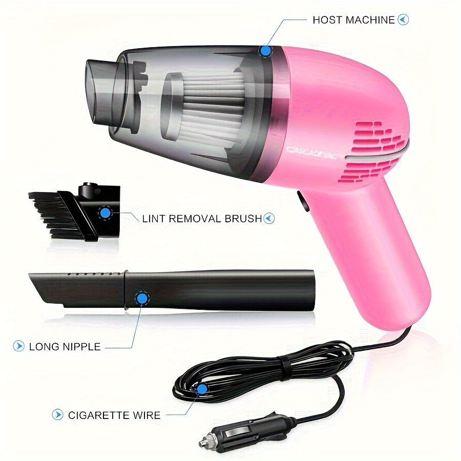 Portable mini handheld pink car vacuum cleaner with powerful suction, high capacity for wet and dry cleaning, perfect for removing pet hair and offering multifunctional use.