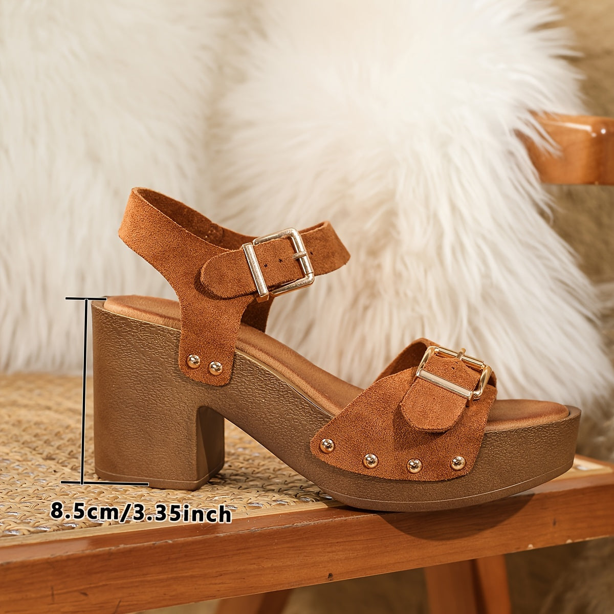 Chunky heeled sandals with buckle strap and platform peep toe, versatile for going out.