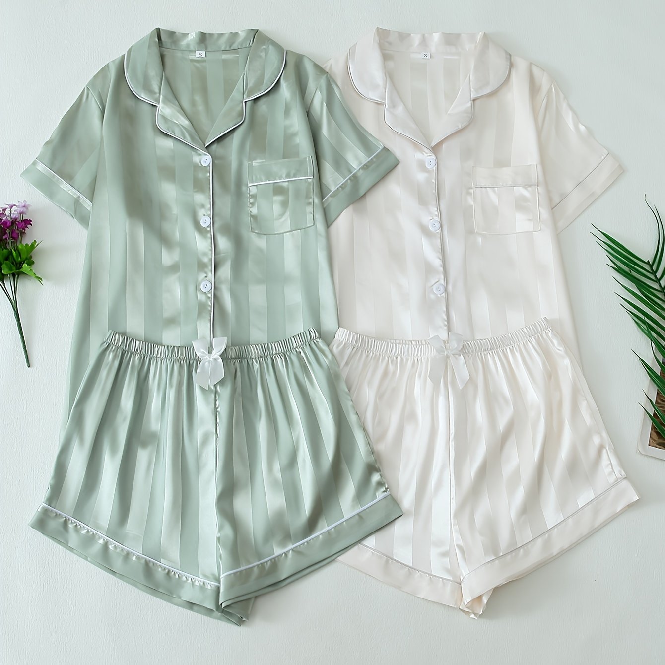 Women's Striped Satin Pajama Set with Short Sleeve Button Top & Shorts, Relaxed Fit