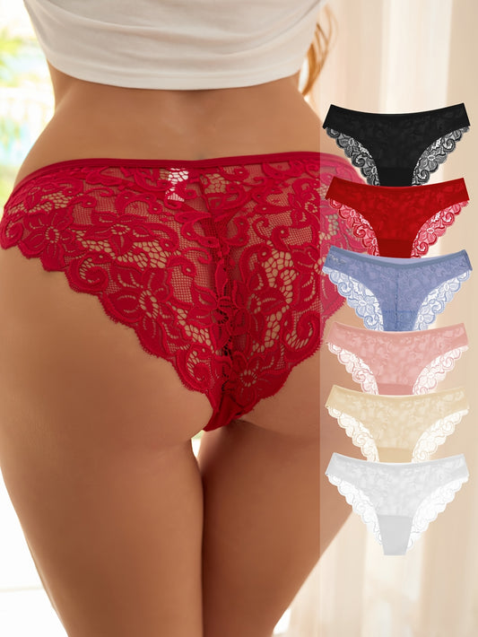 6-piece set of low-rise lace panties for women in various colors, made of breathable nylon with floral lace pattern.