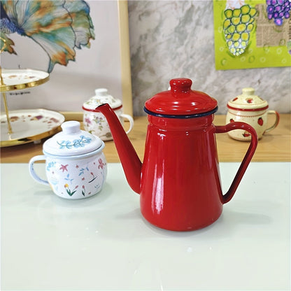 Retro Thickened Enamel Tea Kettle - 1.1L capacity, perfect for making coffee, oil, milk tea, and more. Ideal for both summer and winter drinkware, these enamel kettles are a stylish addition to your home kitchen. Great for back to school supplies.