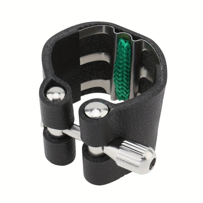 Black faux leather clarinet ligature with adjustable screws and shock-absorbing fastener for B flat clarinet.