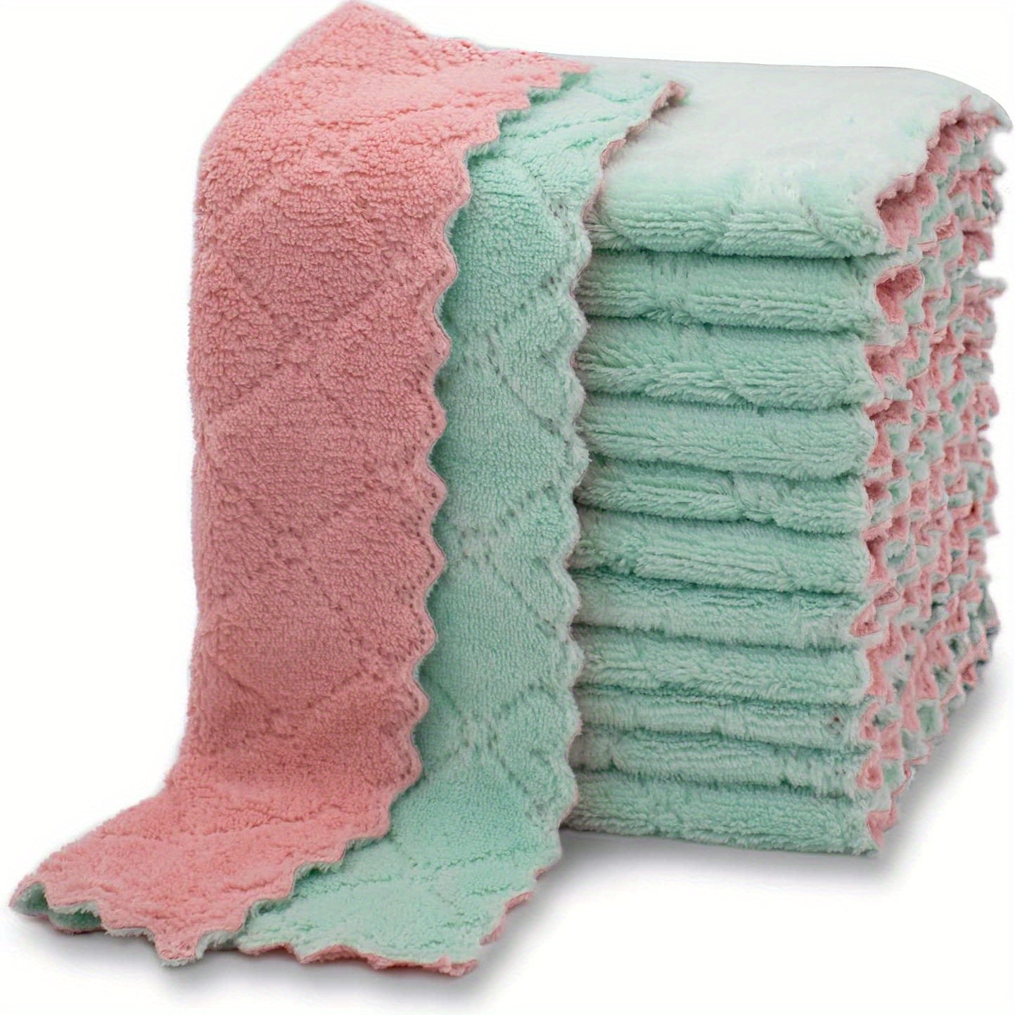 10pcs Microfiber Dish Cloths for kitchen, bathroom, car, window. Thickened coral velvet, double-sided, soft absorbent towels with strong stain removal. Reusable and machine washable.