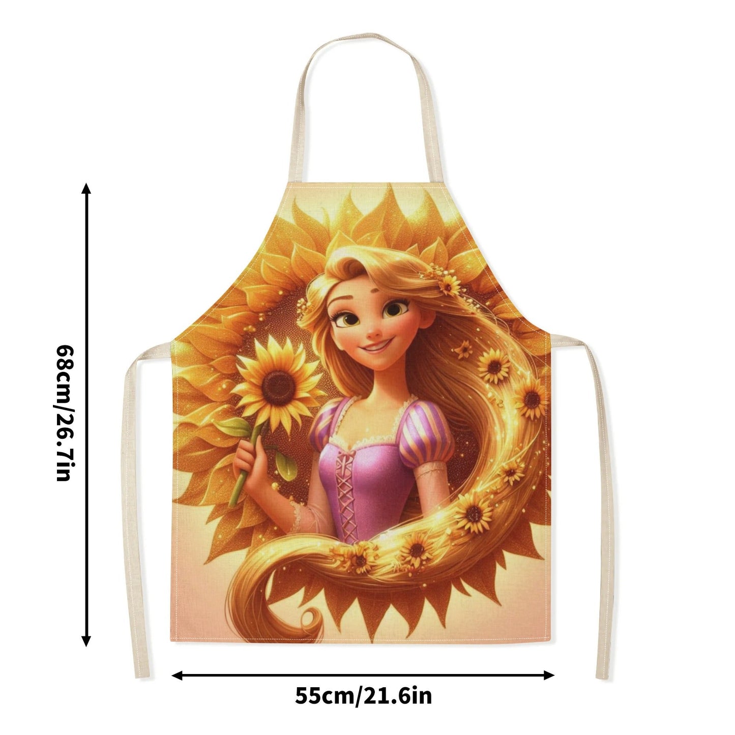 Waterproof Disney Elsa apron featuring a vibrant cartoon princess design with sunflowers. Perfect for use in homes, restaurants, cafes, and supermarkets. Made from durable polyester for easy care and versatility. Glossy finish adds a polished touch to