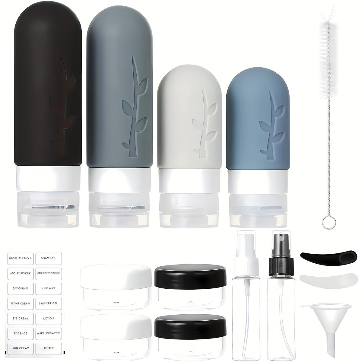 17-piece silicone travel bottle set with portable storage bag, leak-proof and refillable, perfect for travel and outings. Includes surprise gift. Essential for daily outdoor travel.