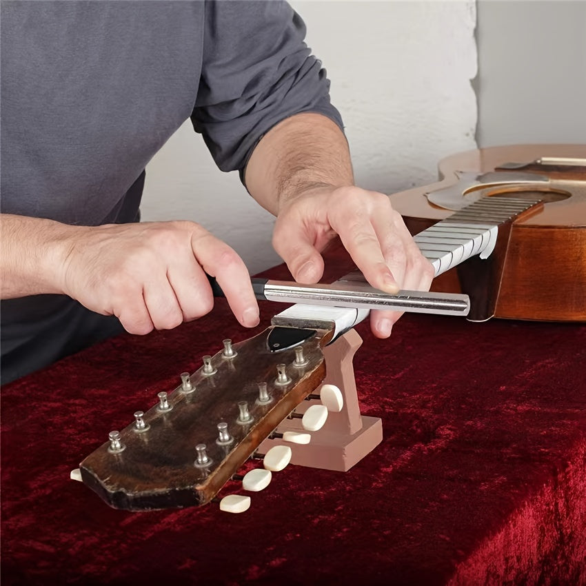 Guitar fret repair tools including knife, sharpening tool, chamfer grinding rod, and three-sided knife.