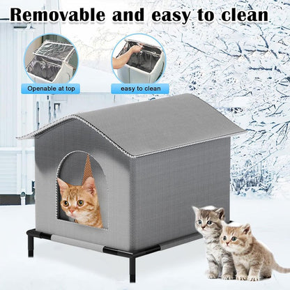 1pc Classic Oxford Cloth Outdoor Cat House with Raised Stand, Double-Sided Mat, Aluminum Foil Insulation, Weatherproof & Insulated Feral Cat Shelter, Pre-Assembled for Multiple Kittens &