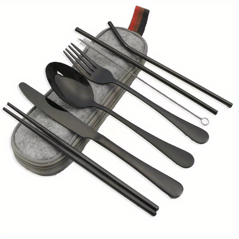 Travel camping set with 8 pieces of stainless steel cutlery includes knife, fork, spoon, chopsticks, cleaning brush, straw, and carry case.