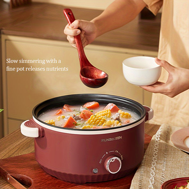 Electric cooking pot with a large capacity for home or car use, featuring a multi-functional design that combines a cooking pot, stir-fry pot, and steamer. Perfect for dormitories, this non-stick integrated pot can be used for various cooking needs.