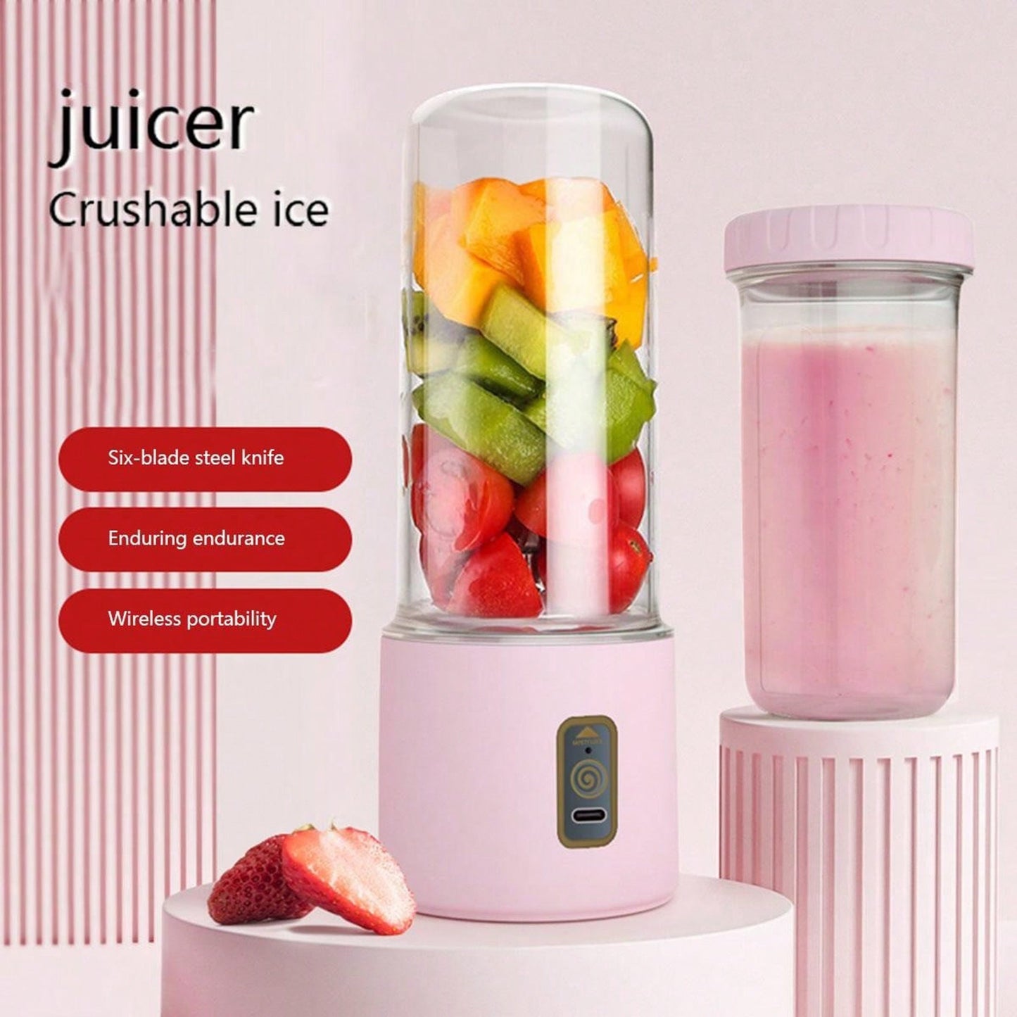 Portable juicer cup with multifunctional features - can be charged via USB with a 1500mAh lithium polypropylene battery. Easy to clean, with a 6-blade design and wireless capability. Capacity is less than 1L, perfect for travel or home use.