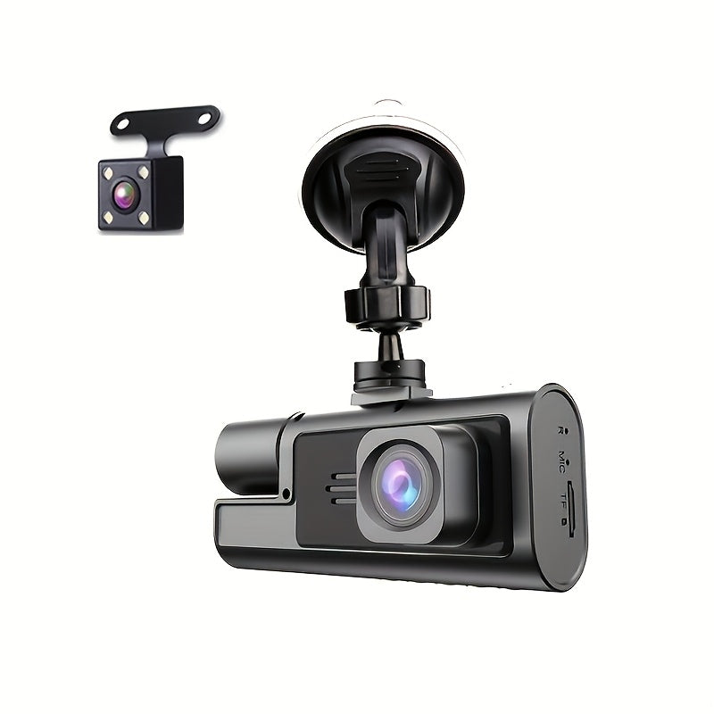 GYIOEUPT Triple Camera Front Lens with 1080P, built-in lens with 480P, and rear lens with 480P HD tachograph. Features include infrared night vision, cycle recording, 5.08 cm IPS screen