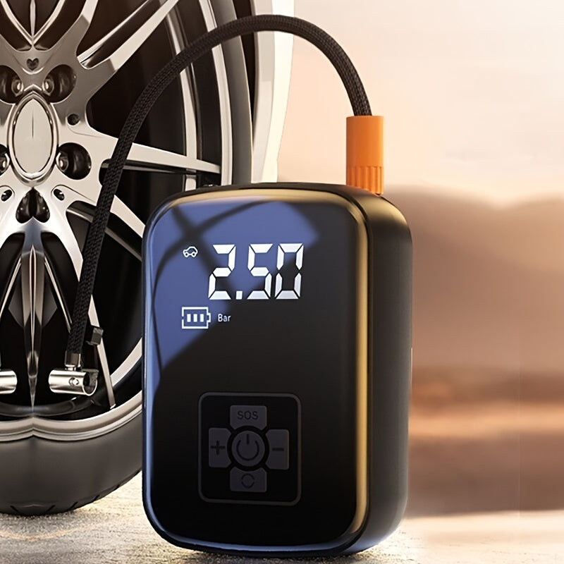 Compact wireless air pump for inflating car, motorcycle, bicycle, and ball tires.